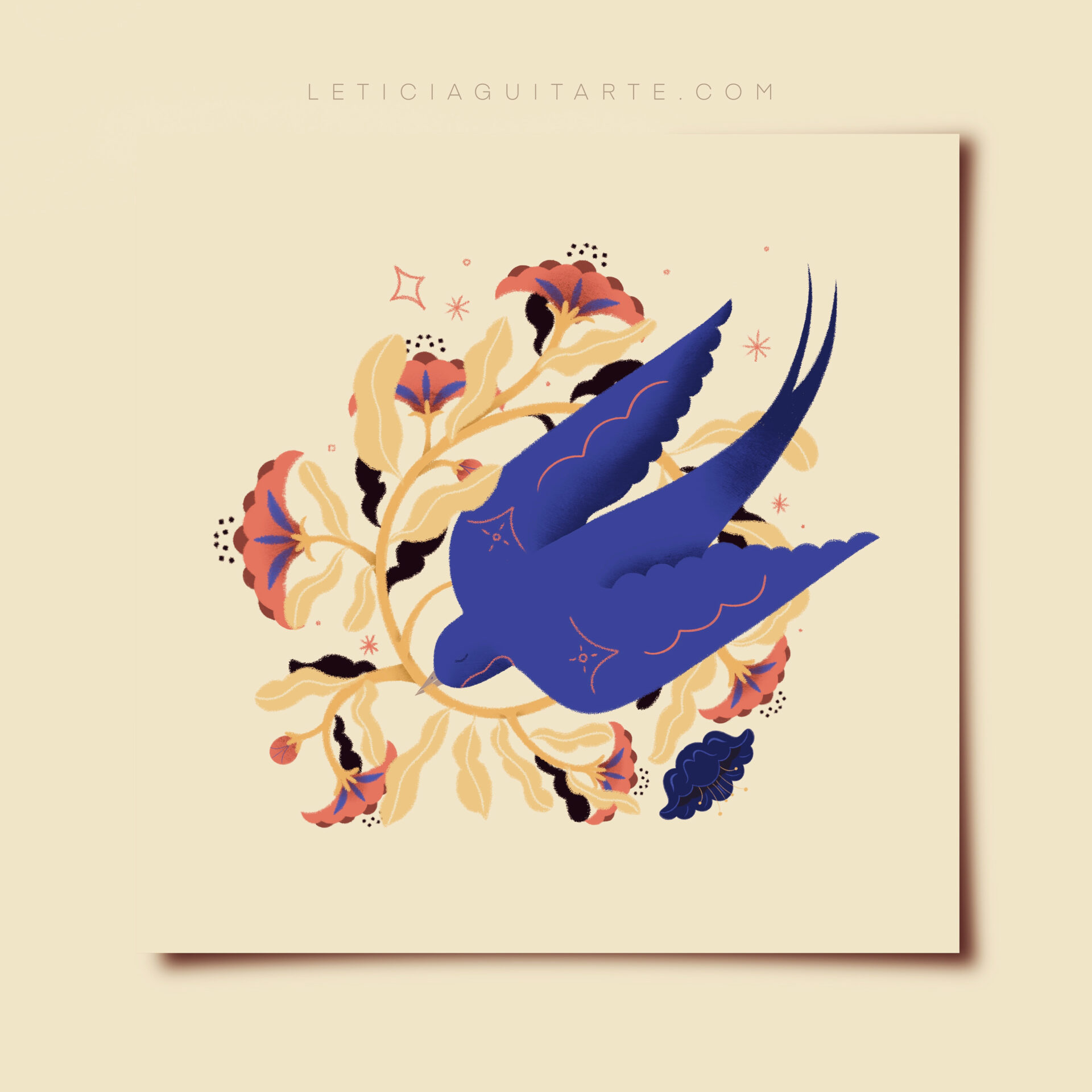 pájaro lleva flores print