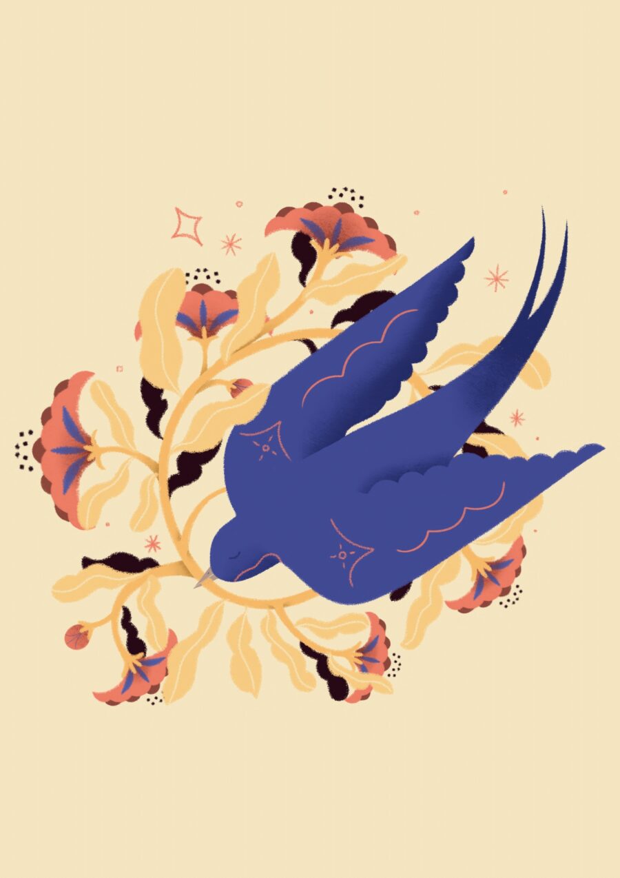 pájaro lleva flores print